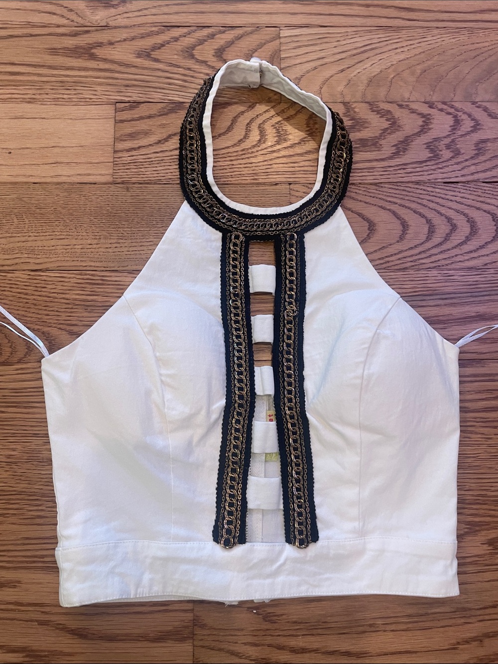White Halter Crop Top with Black & Gold Ladder Trim